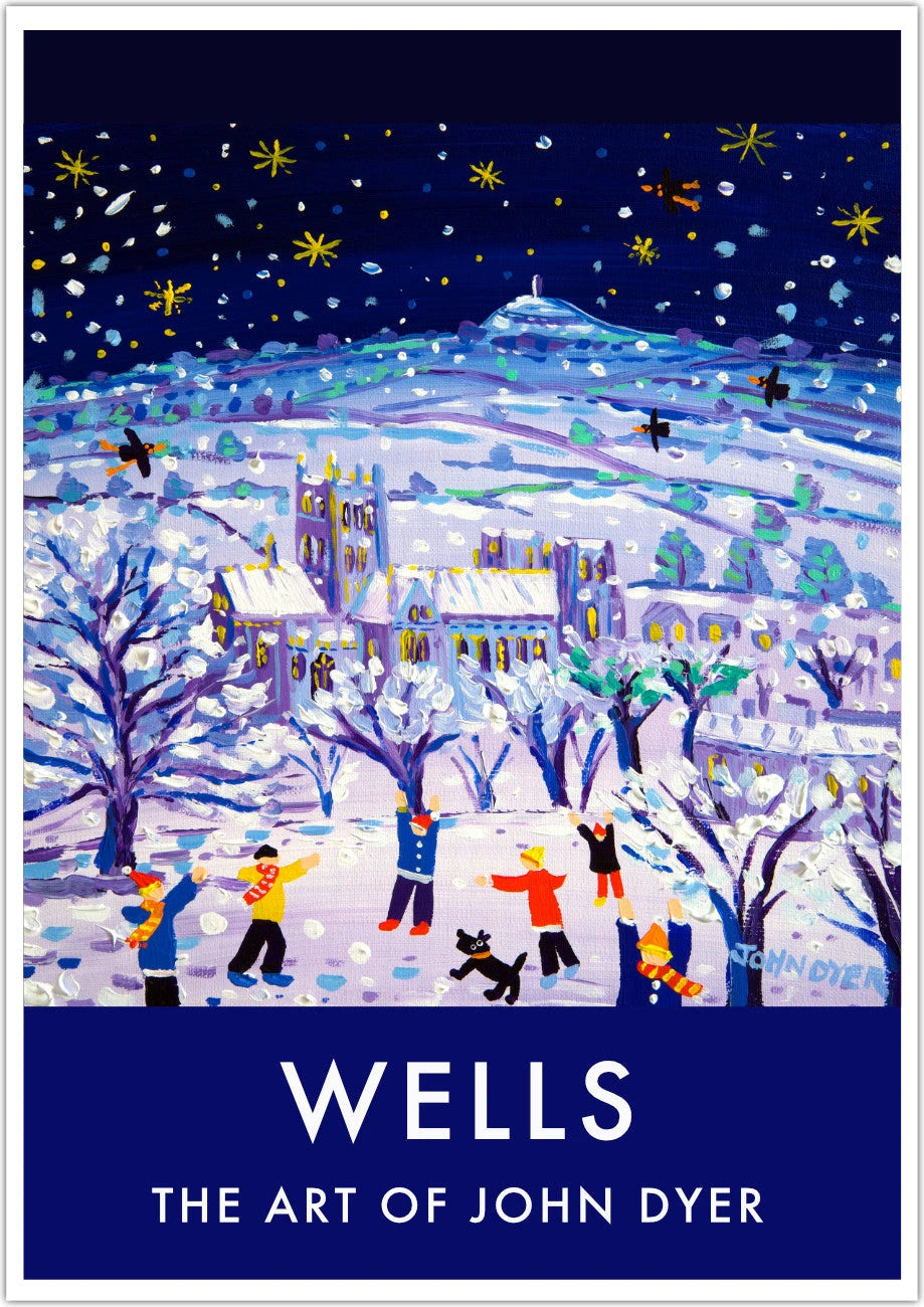 Vintage Style Travel Wall Art Poster Print by John Dyer of Wells in the Snow. Somerset Art Gallery John Dyer