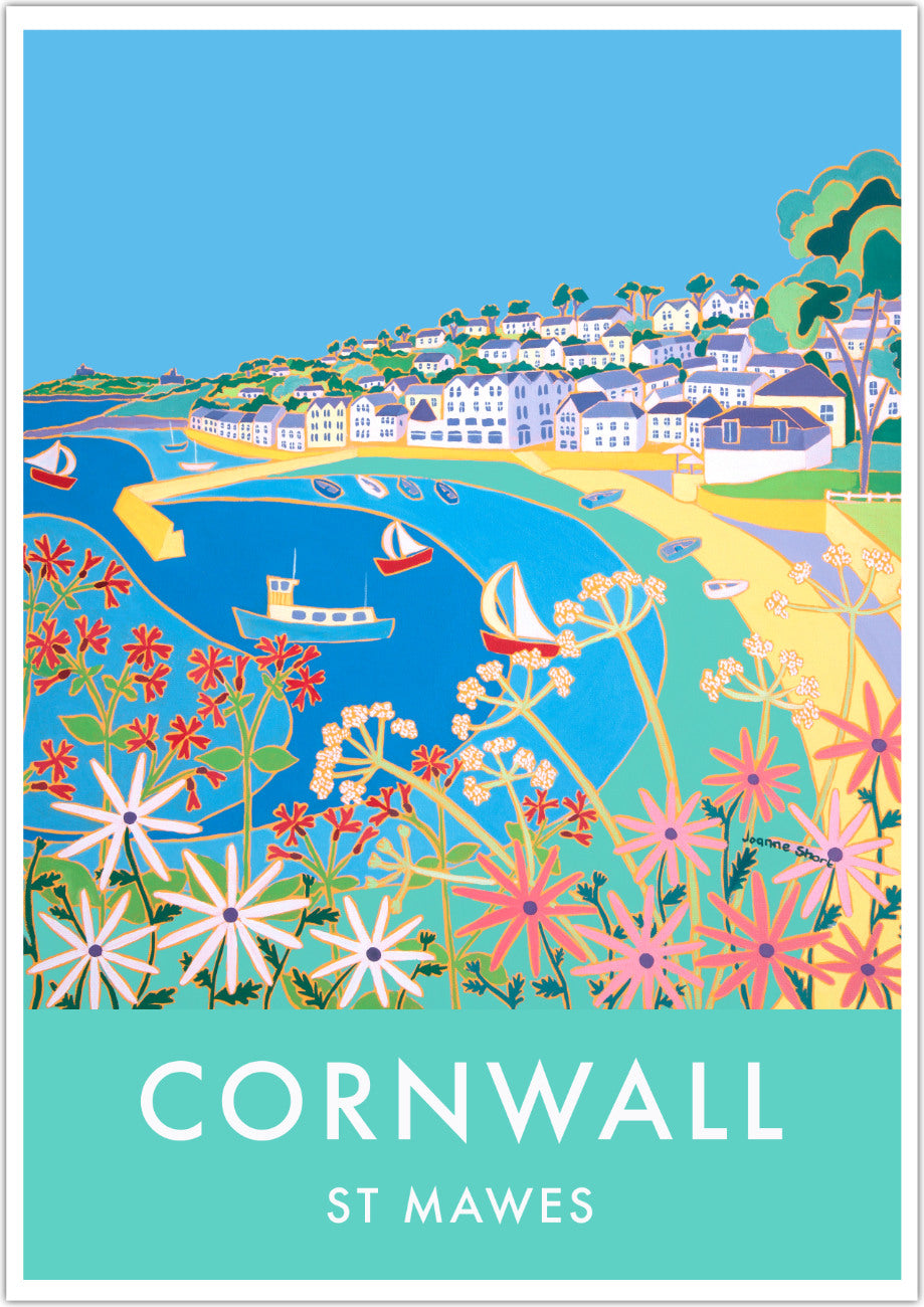 St Mawes Harbour Art Prints of Cornwall by Cornish Artist Joanne Short. Vintage Style Poster Print Art for Homes. Cornwall Art Gallery