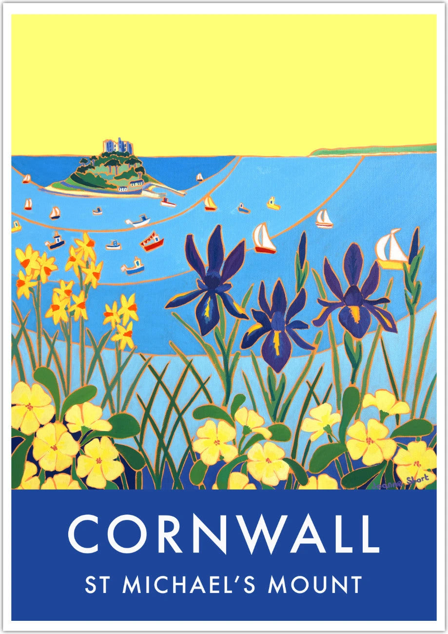 Vintage Style Seaside Travel Art Poster Print by Joanne Short of St Michael's Mount in Cornwall Joanne Short