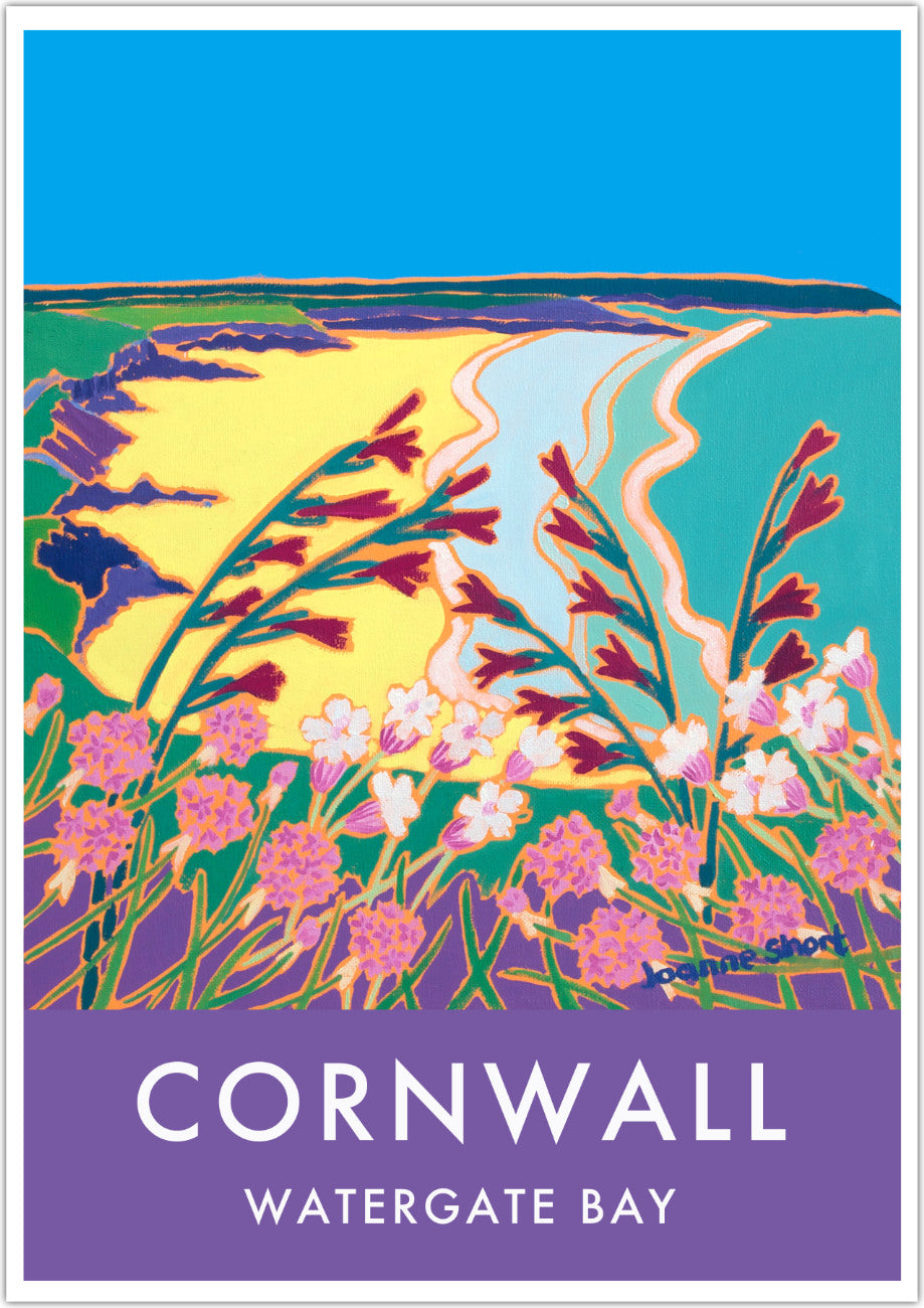 Watergate Bay Art Prints of Cornwall by Cornish Artist Joanne Short. Vintage Style Poster Print Art for Homes. Cornwall Art Gallery