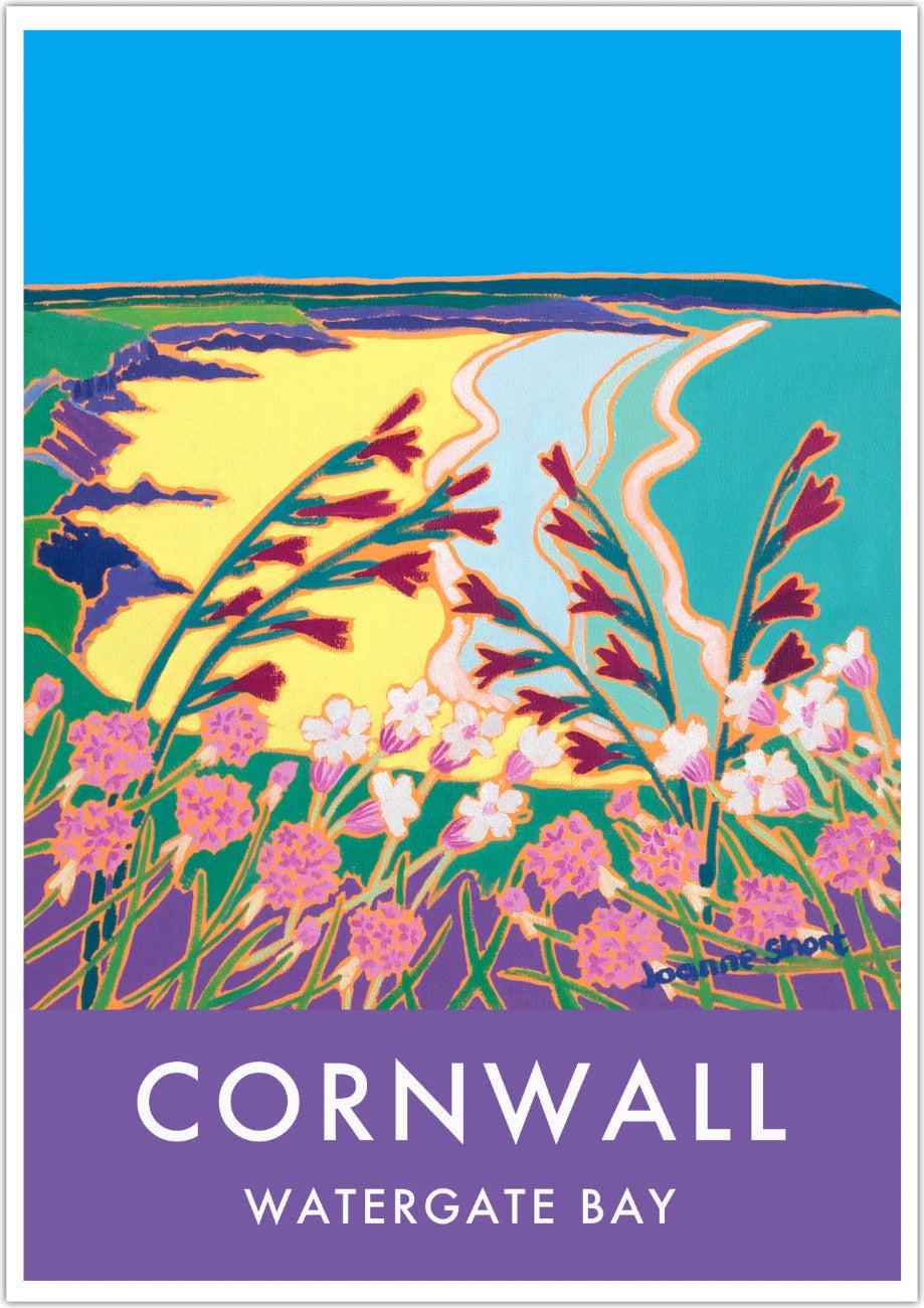 Watergate Bay Art Prints of Cornwall by Cornish Artist Joanne Short. Vintage Style Poster Print Art for Homes. Cornwall Art Gallery Joanne Short