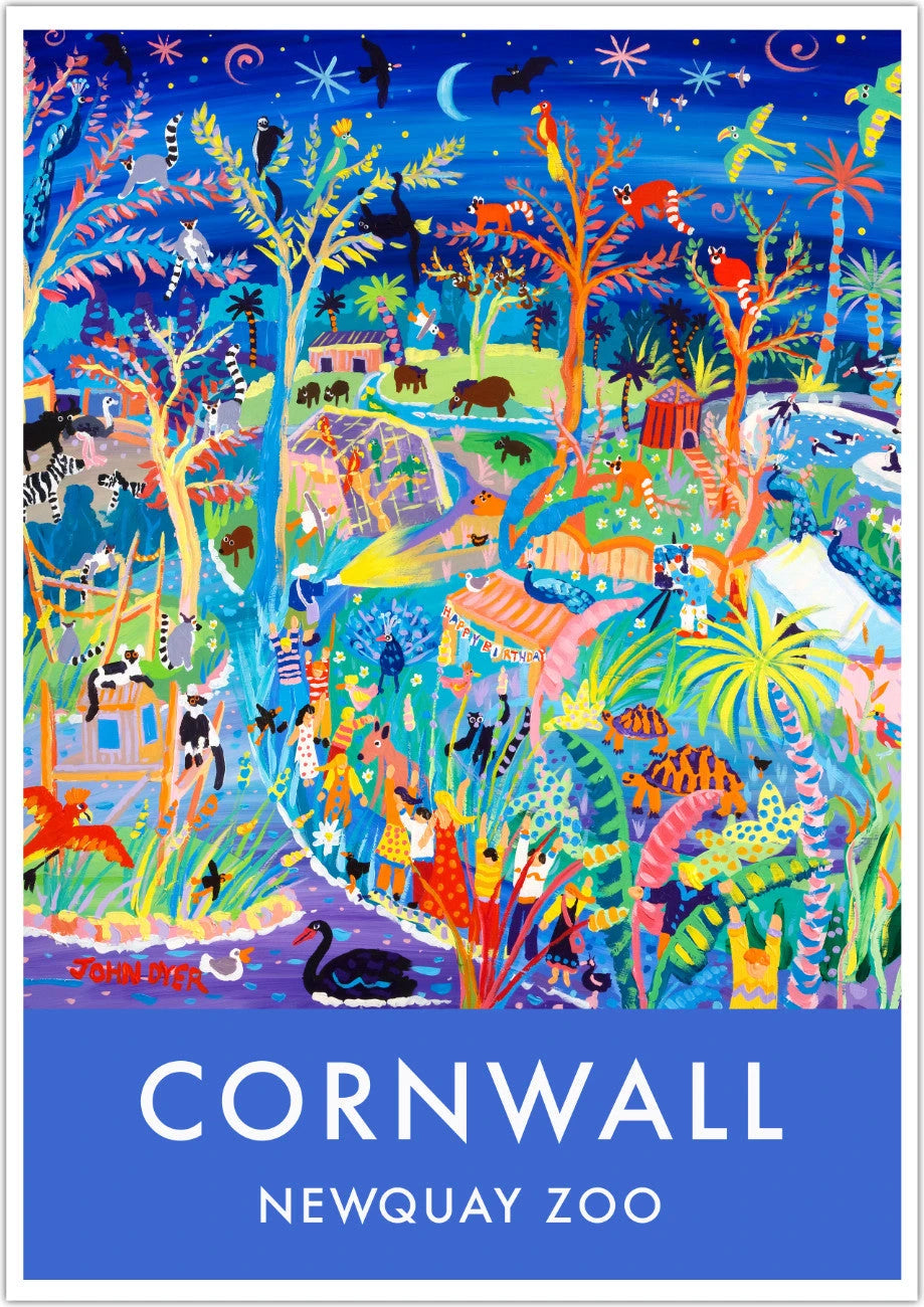 Vintage Style Seaside Travel Poster Art Print by Cornish Artist John Dyer of Newquay Zoo in Cornwall with Zoo Animals. Animal Art Prints John Dyer