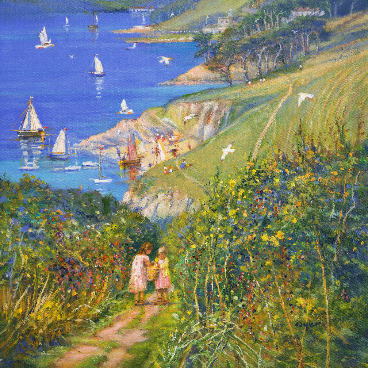 'Blackberry Picking. St Anthony Head', 14x14 inches original art oil on canvas. Paintings of Cornwall by Cornish Artist Ted Dyer. Cornwall Art Gallery Ted Dyer