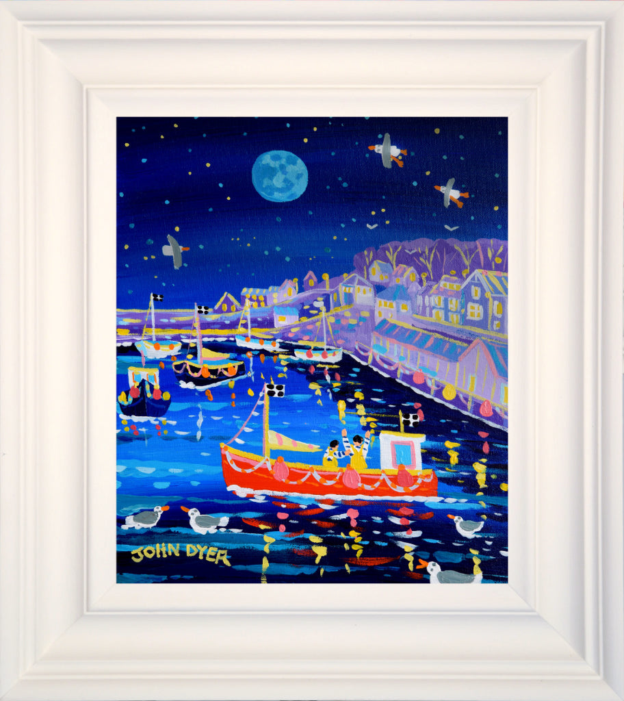 Painting of a red fishing boat in Newlyn harbour by John Dyer. Nocturne with a full blue moon.