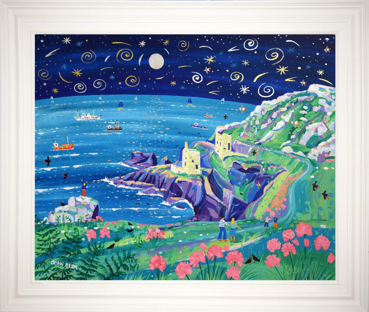 'Shooting Stars over Botallack'. 33x40 inches original art acrylic on board. Paintings of Cornwall by Cornish Artist John Dyer. Cornwall Art Gallery John Dyer