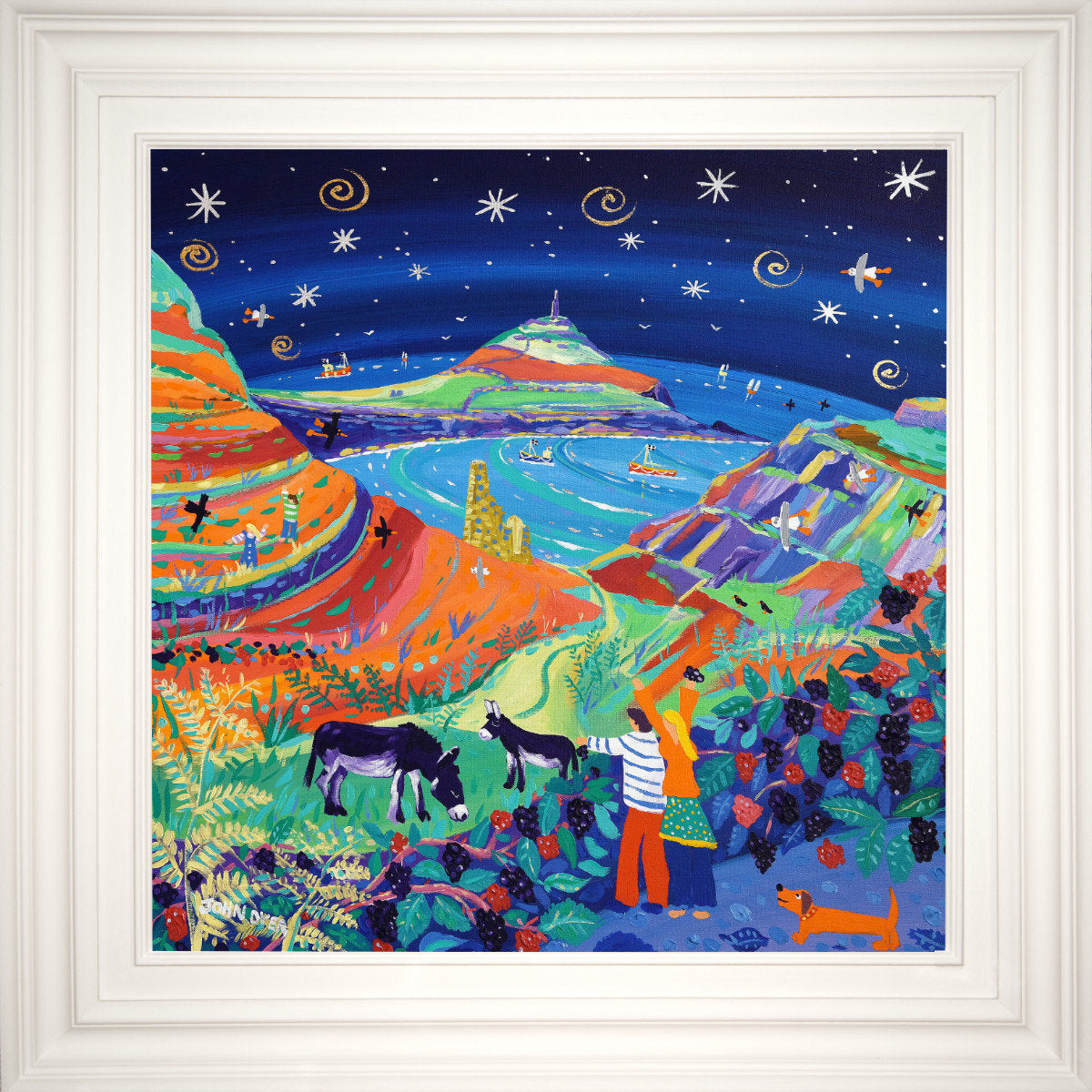 'Blackberry Picking under the Stars, Cape Cornwall'. 24x24 inches acrylic on canvas. Paintings of Cornwall by John Dyer from our Cornwall Art Gallery