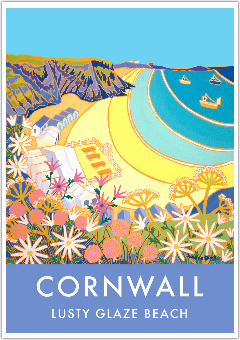 Lusty Glaze Beach, Newquay, Art Print by Cornish Artist Joanne Short. Cornwall Art Gallery, Vintage Style Poster Prints of Cornwall.