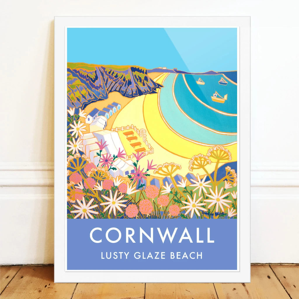 Lusty Glaze Beach, Newquay. Art Prints of Cornwall by Cornish Artist Joanne Short. Cornwall Art Gallery, Vintage Style Posters. Joanne Short