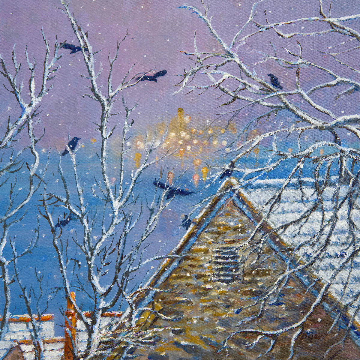'Rooks in the Snow. Falmouth', 14x14 inches original art oil on canvas. Paintings of Cornwall by Cornish Artist Ted Dyer from our Cornwall Art Gallery Ted Dyer