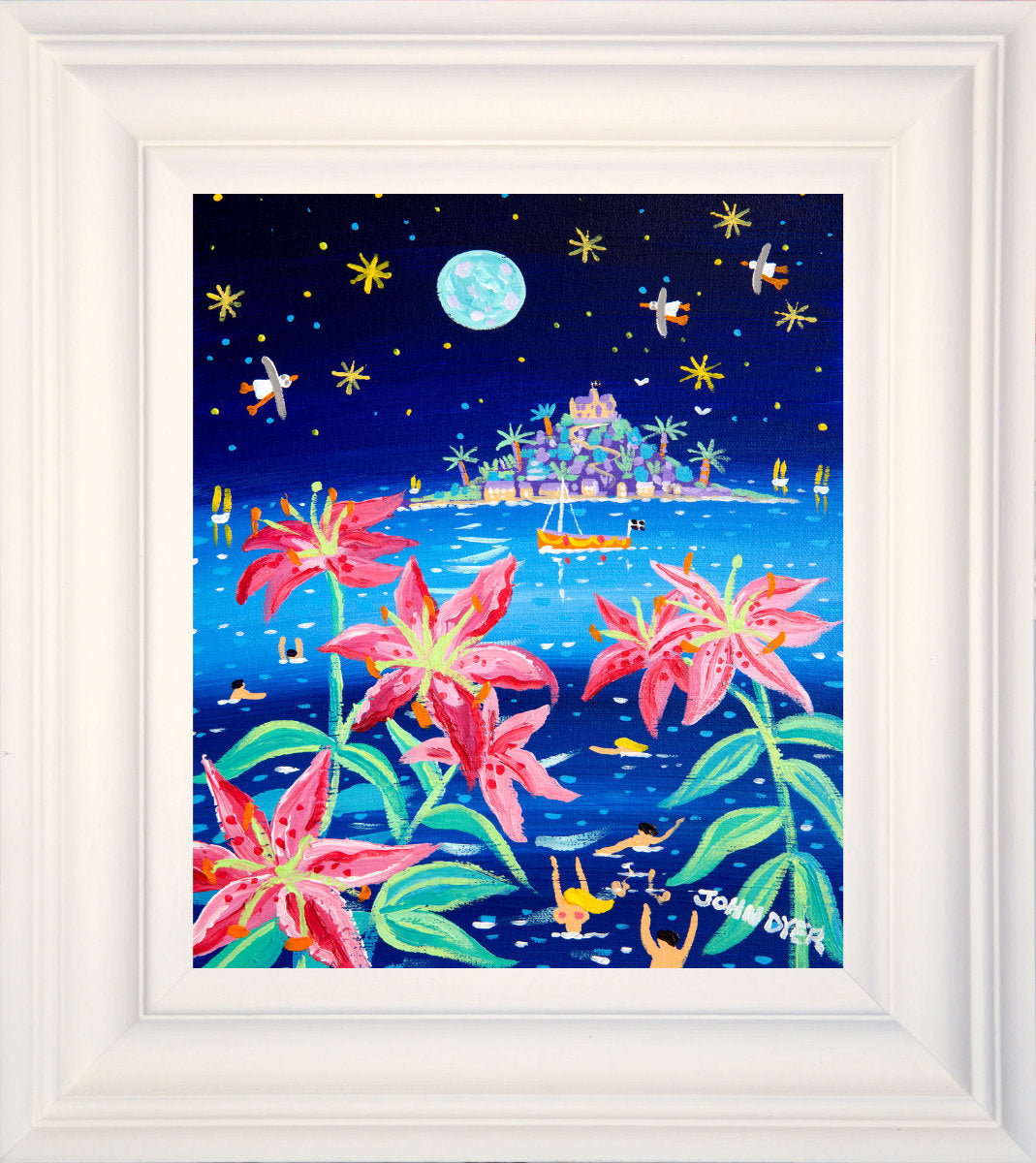 'Full Moon Pink Lilies, St Michael's Mount', 12 x 10 inches acrylic on canvas. Cornwall Art Gallery Painting by John Dyer. John Dyer