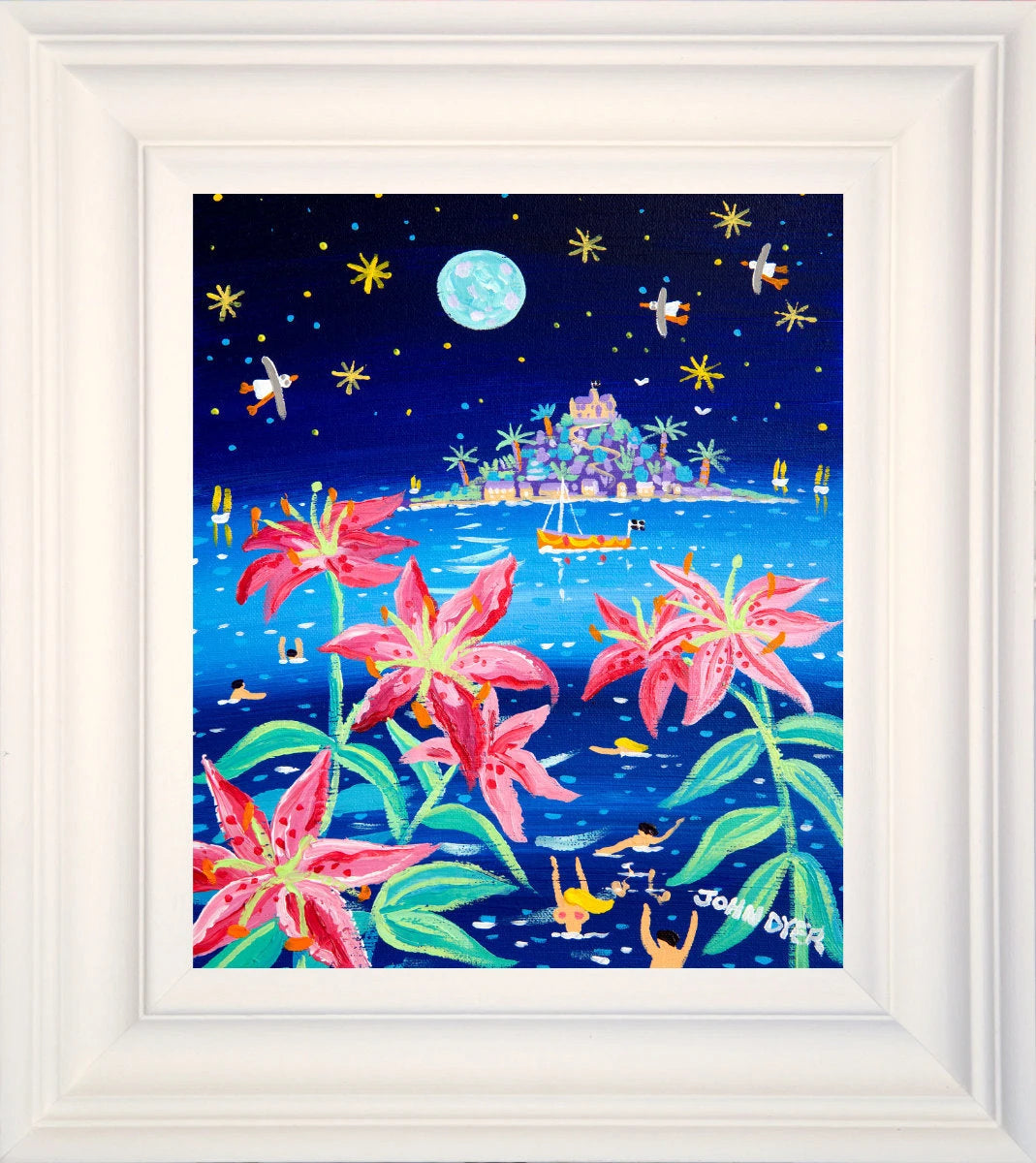'Full Moon Pink Lilies, St Michael's Mount', 12 x 10 inches acrylic on canvas. Cornwall Art Gallery Painting by John Dyer. John Dyer