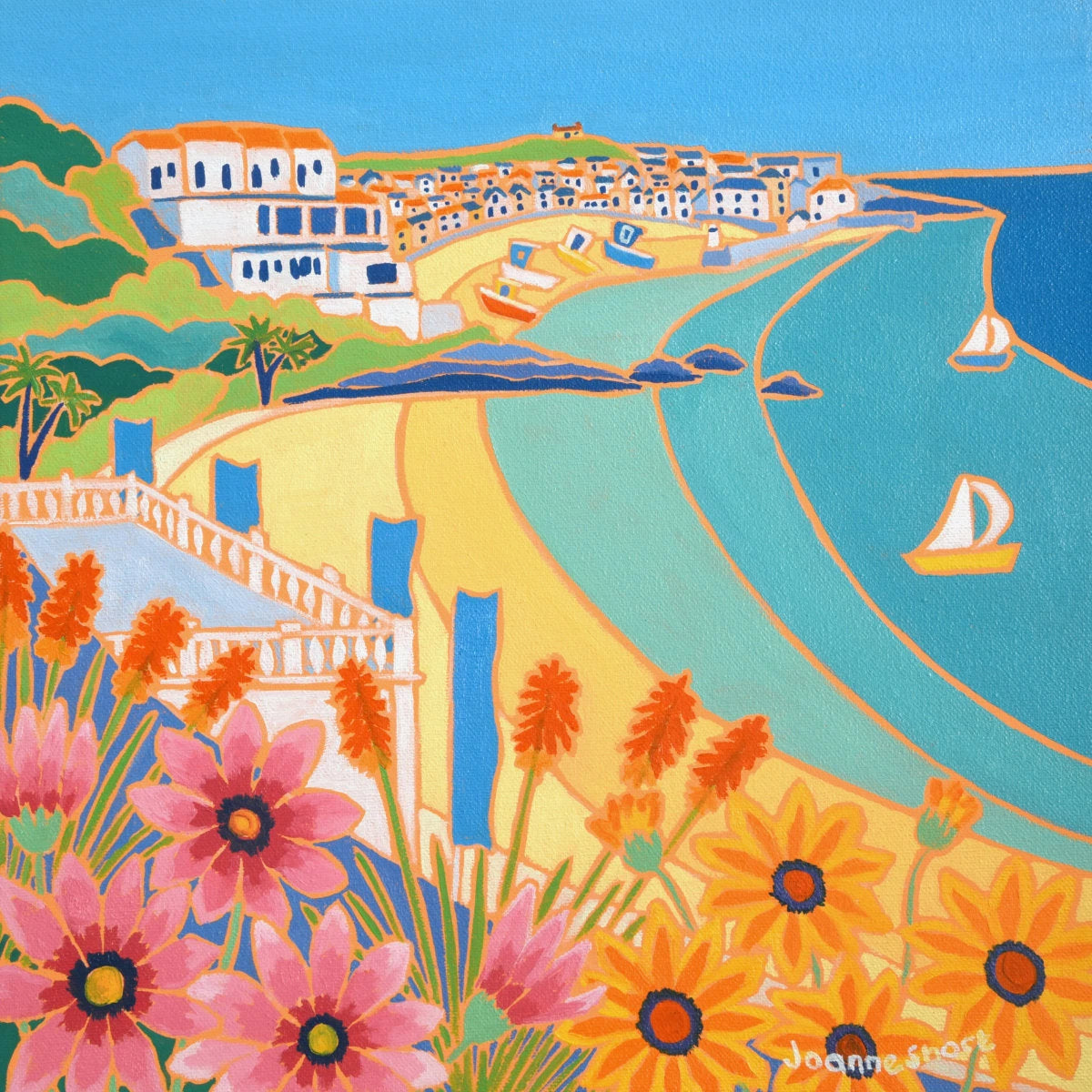 'Flowers and Flags Porthminster Beach St Ives', 12x12 inches oil on canvas. Painting by Cornish Artist Joanne Short. Cornish Art from our Cornwall Art Gallery Joanne Short