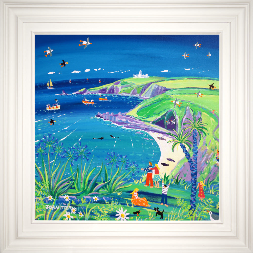 Bass Point on the Lizard Peninsular in Cornwall looking back to the Lizard Lighthouse. Painting by famous Cornish artist John Dyer.