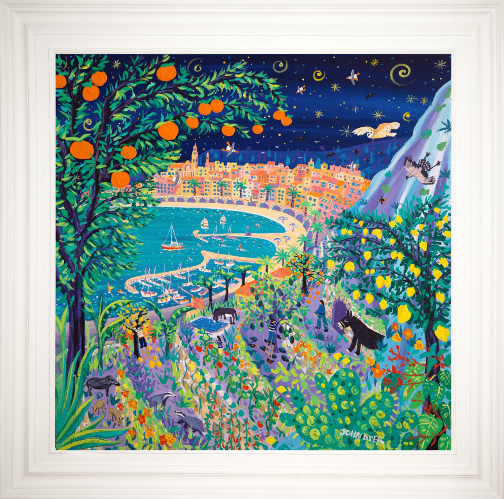John Dyer Painting. Sailing past the Jardin Des Antipodes, Menton. 80cm x 80cm acrylic on canvas