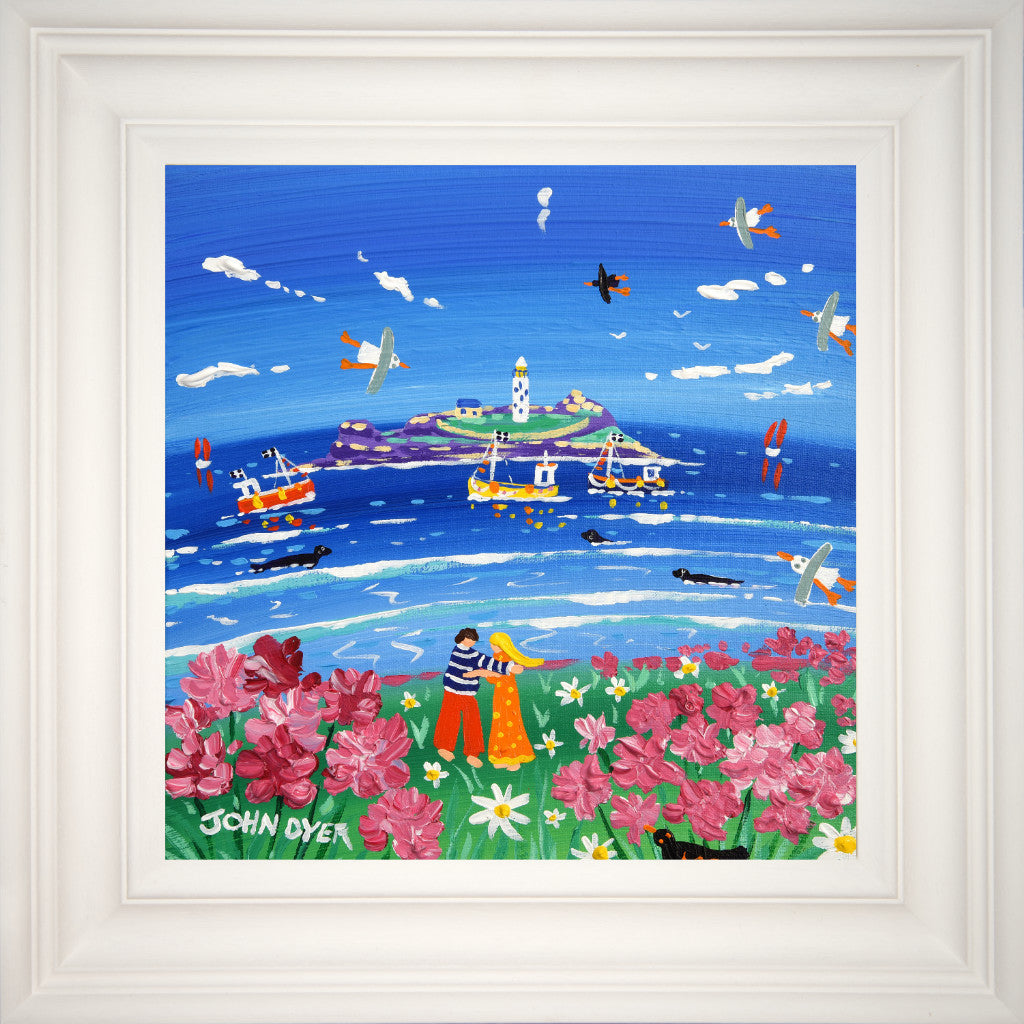 John Dyer Painting. Summer Lovers, Godrevy Lighthouse. 12 x 12 inches acrylic on canvas