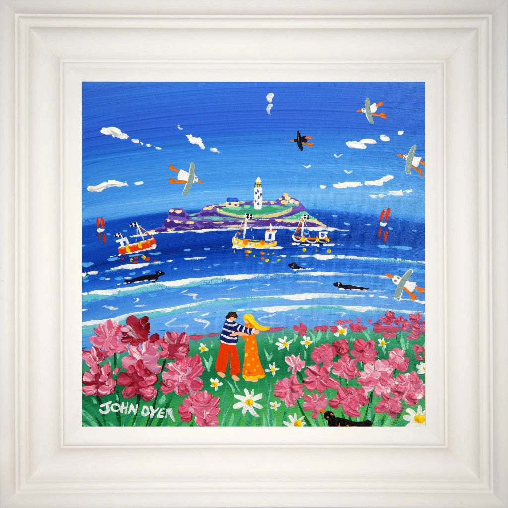 John Dyer Painting. Summer Lovers, Godrevy Lighthouse. 12 x 12 inches acrylic on canvas John Dyer