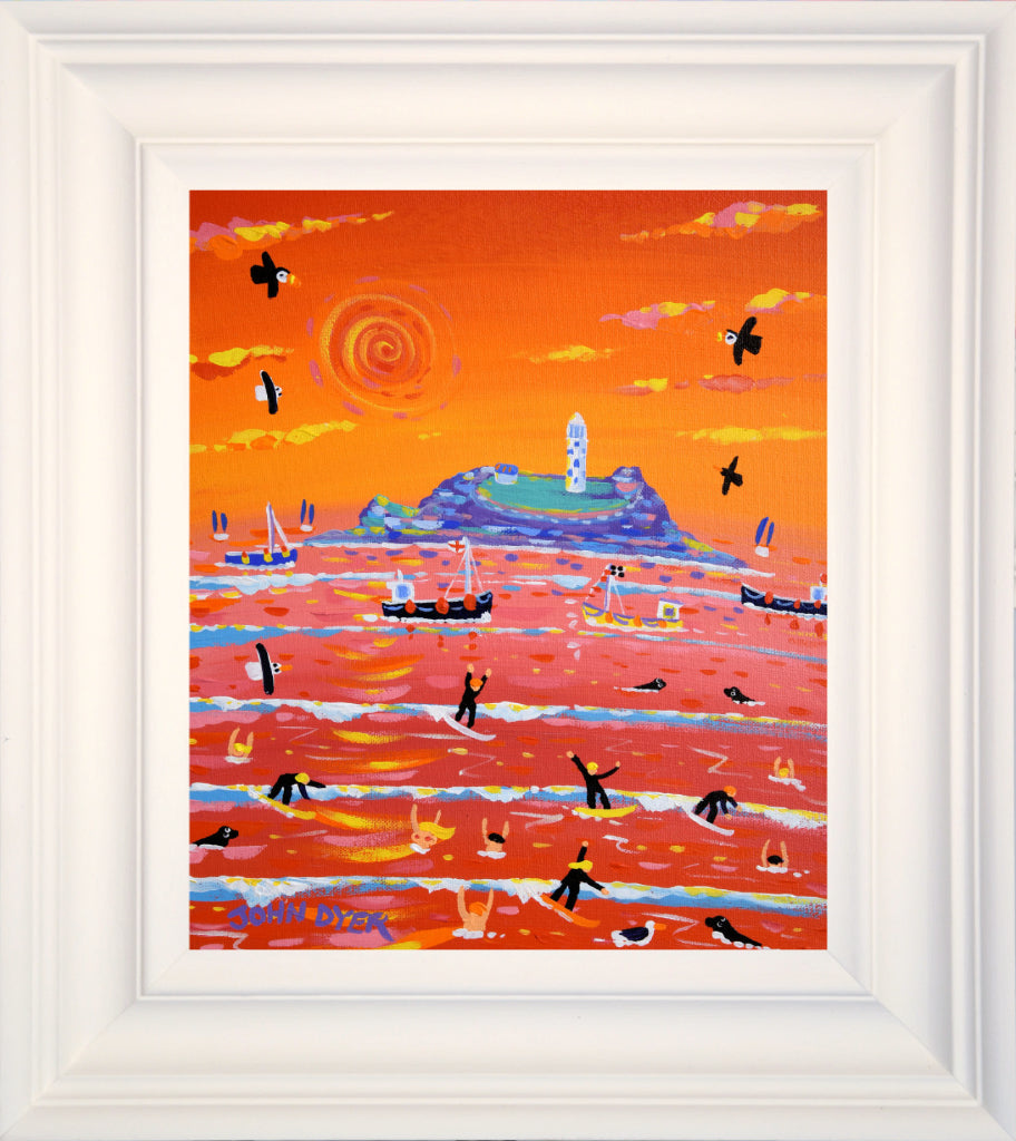 Sunset at Godrevy lighthouse, Gwithian beach in Cornwall with surfers. Painting by John Dyer.