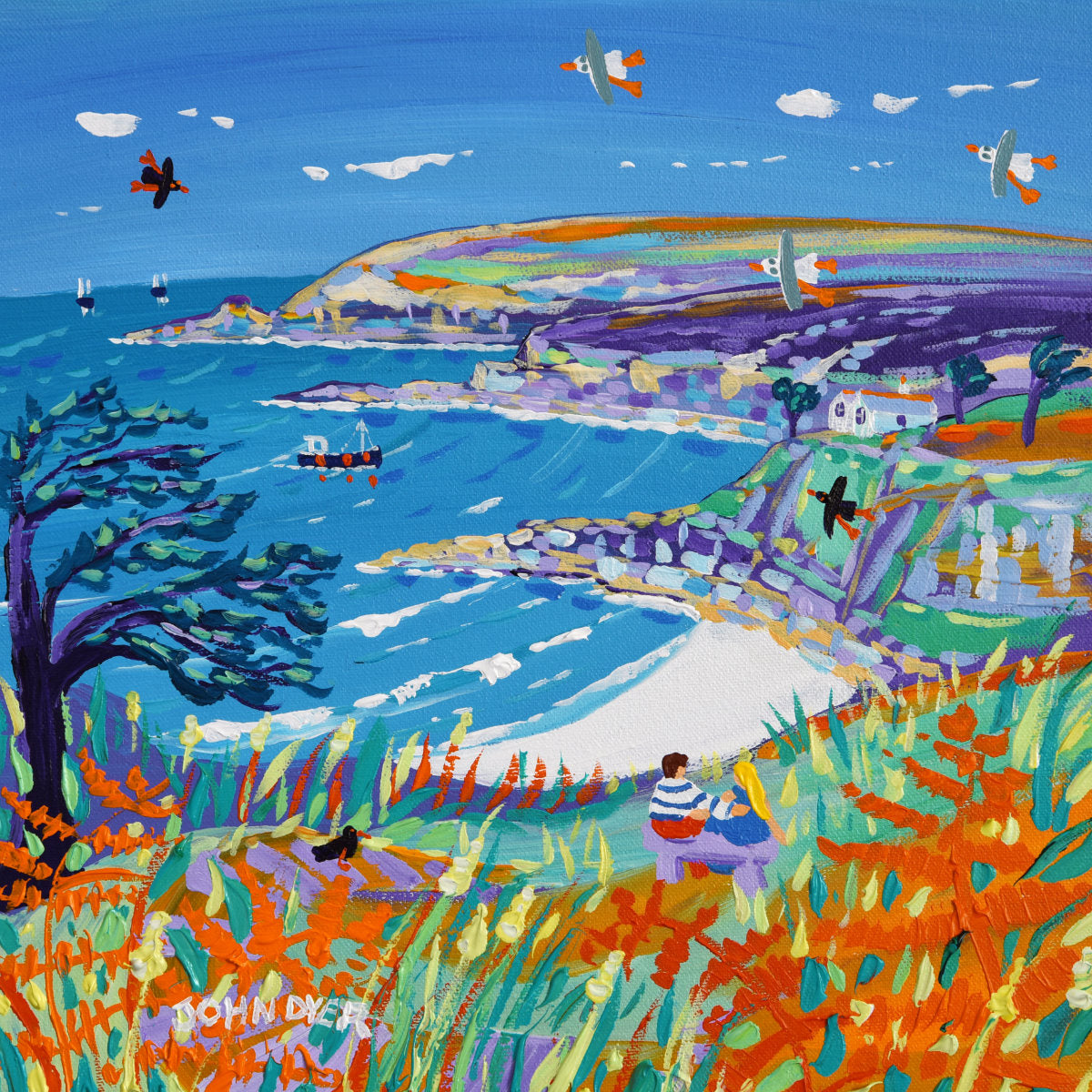 'Cuddle on the Cliffs, Treen Cove, Zennor', 12 x 12 inches original art acrylic on canvas. Paintings of Cornwall by Cornish Artist John Dyer from our Cornwall Art Gallery