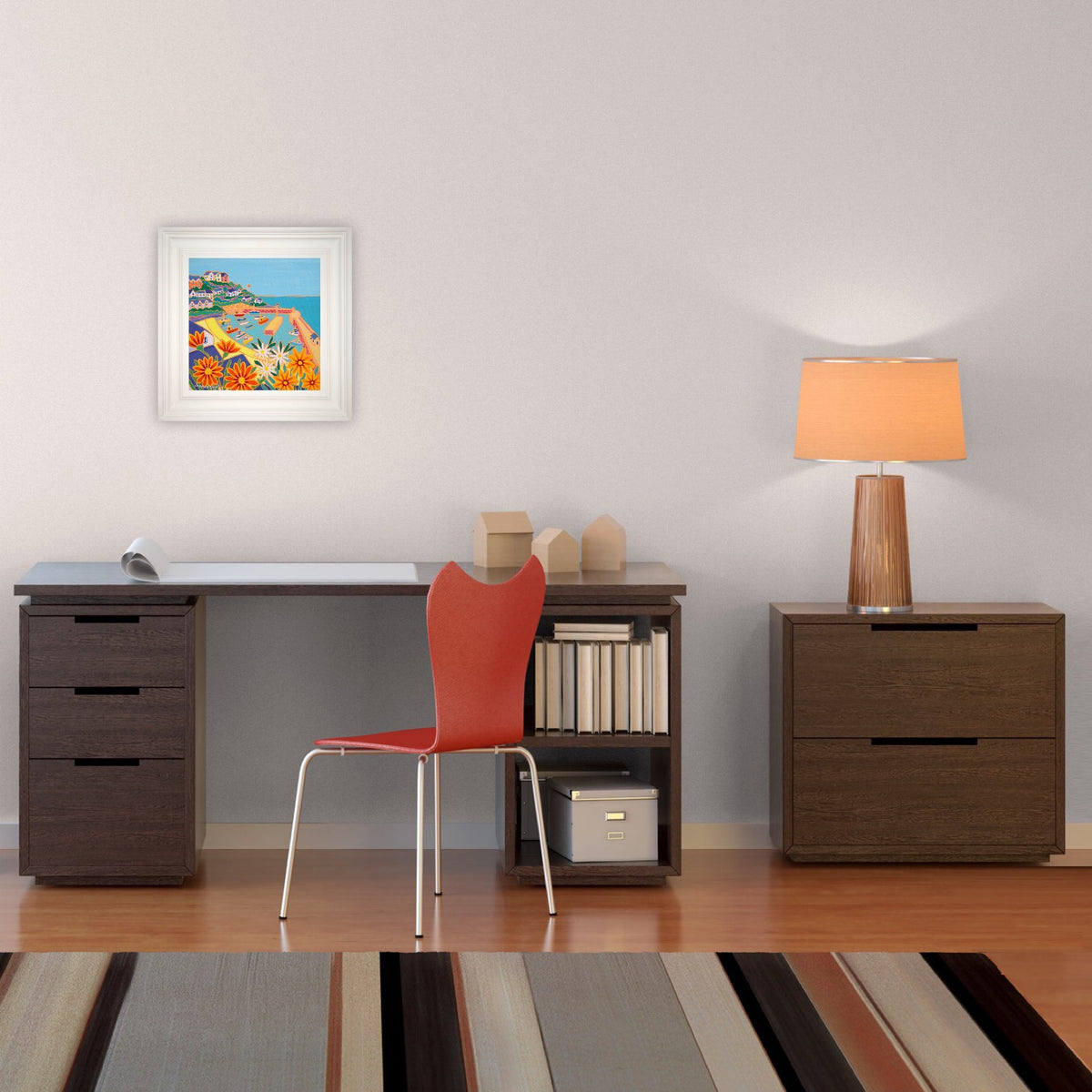 Joanne Short Painting. Gazanias and Fishing Boats, Newquay Harbour
. 12 x 12 inches, oil on canvas