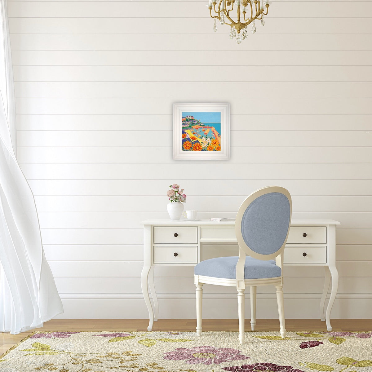 Joanne Short Painting. Gazanias and Fishing Boats, Newquay Harbour
. 12 x 12 inches, oil on canvas