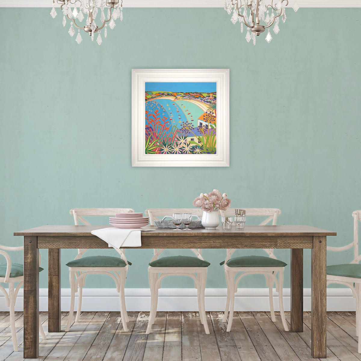 'Bobbing Boats, Hugh Town, St Mary’s’. 24x24 inches oil on canvas. Paintings of Cornwall by Cornish Artist Joanne Short from our Cornwall Art Gallery