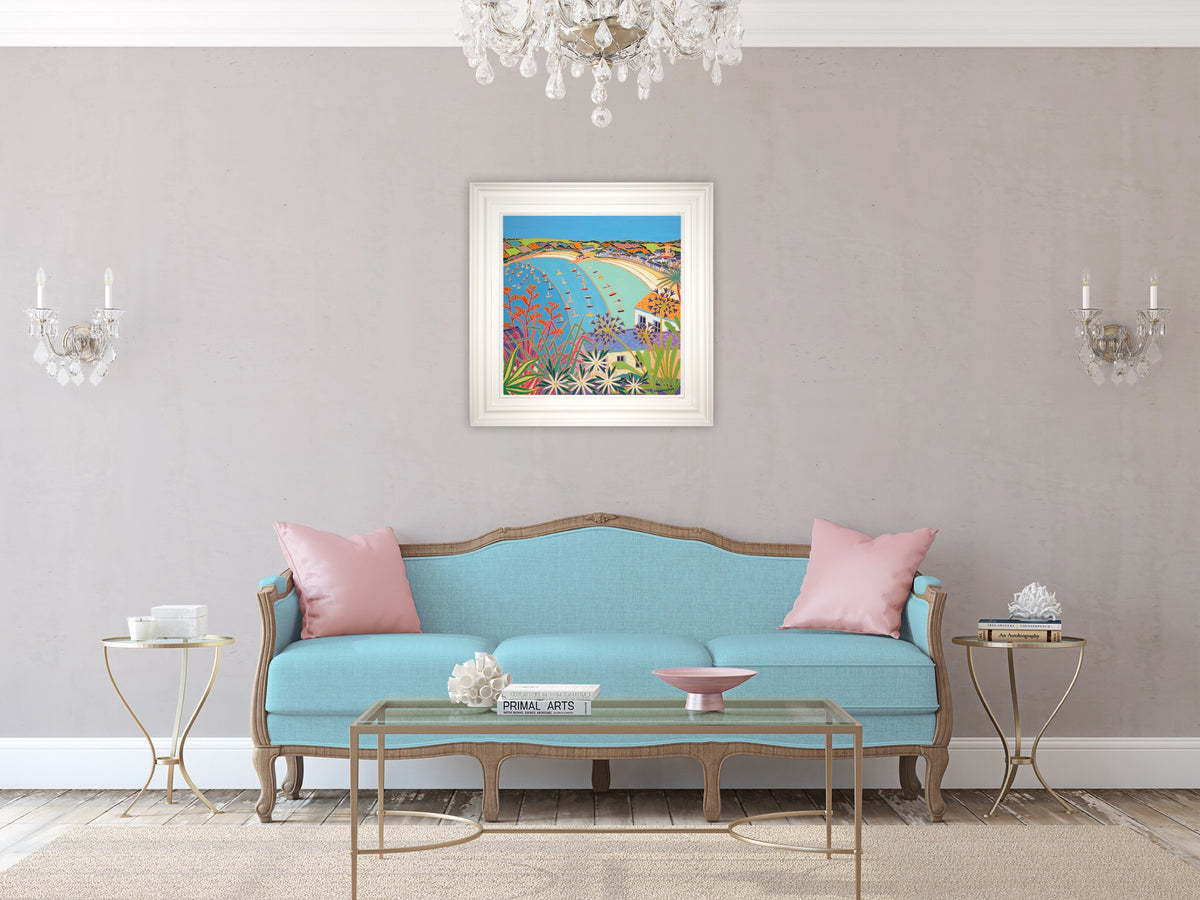 'Bobbing Boats, Hugh Town, St Mary’s’. 24x24 inches oil on canvas. Paintings of Cornwall by Cornish Artist Joanne Short from our Cornwall Art Gallery