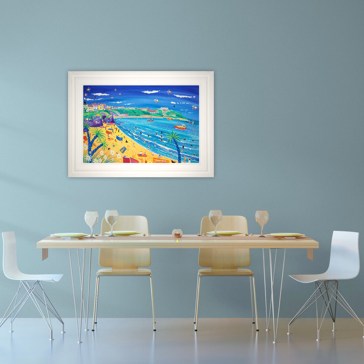 'Surfing and Sunbathing, Great Western Beach, Newquay', 24 x 36 inches, acrylic on board. Cornwall Art Gallery Original Art Painting by Cornish Artist John Dyer