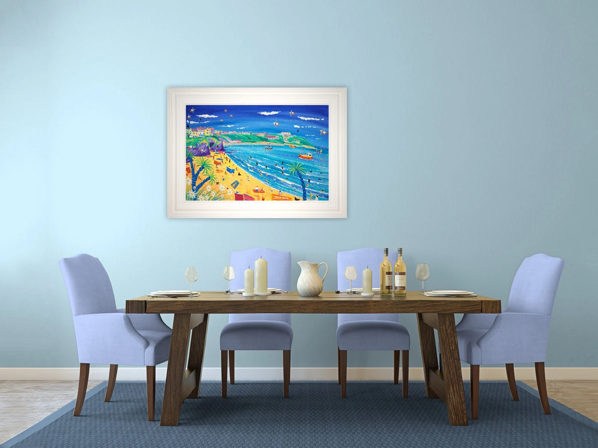 'Surfing and Sunbathing, Great Western Beach, Newquay', 24x36 inches acrylic on board. Cornwall Art Gallery Painting by Cornish Artist John Dyer