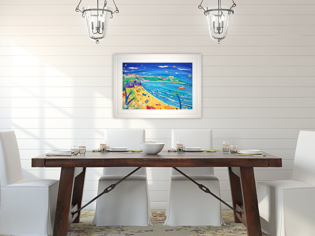 'Surfing and Sunbathing, Great Western Beach, Newquay', 24 x 36 inches, acrylic on board. Cornwall Art Gallery Original Art Painting by Cornish Artist John Dyer