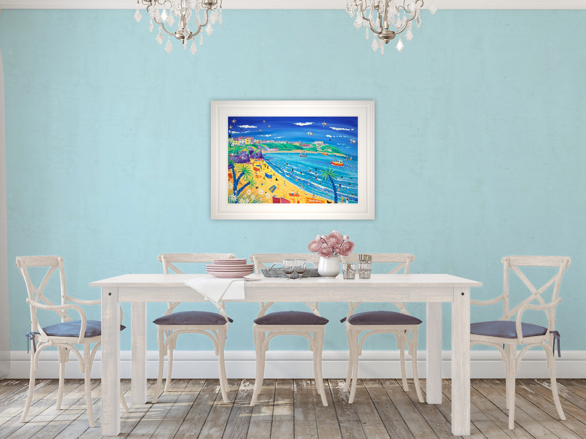 'Surfing and Sunbathing, Great Western Beach, Newquay', 24 x 36 inches, acrylic on board. Cornwall Art Gallery Original Art Painting by Cornish Artist John Dyer