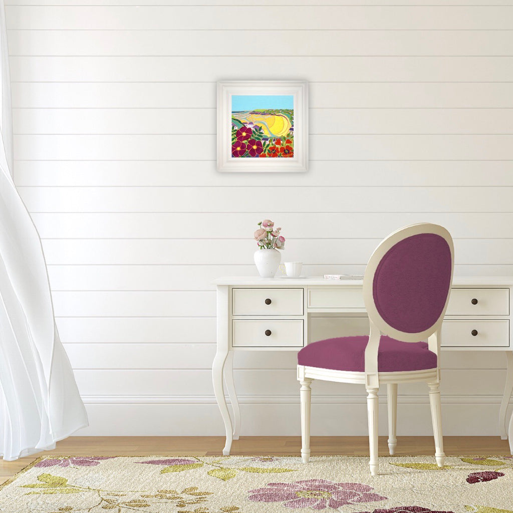 Joanne Short Painting. Beach Roses and Poppies, Mawgan Porth. 12 x 12 inches, oil on canvas