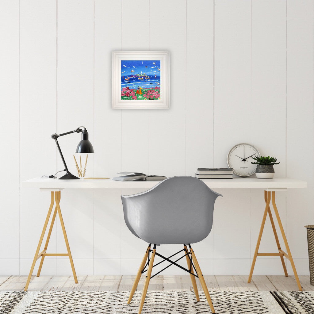 John Dyer Painting. Summer Lovers, Godrevy Lighthouse. 12 x 12 inches acrylic on canvas