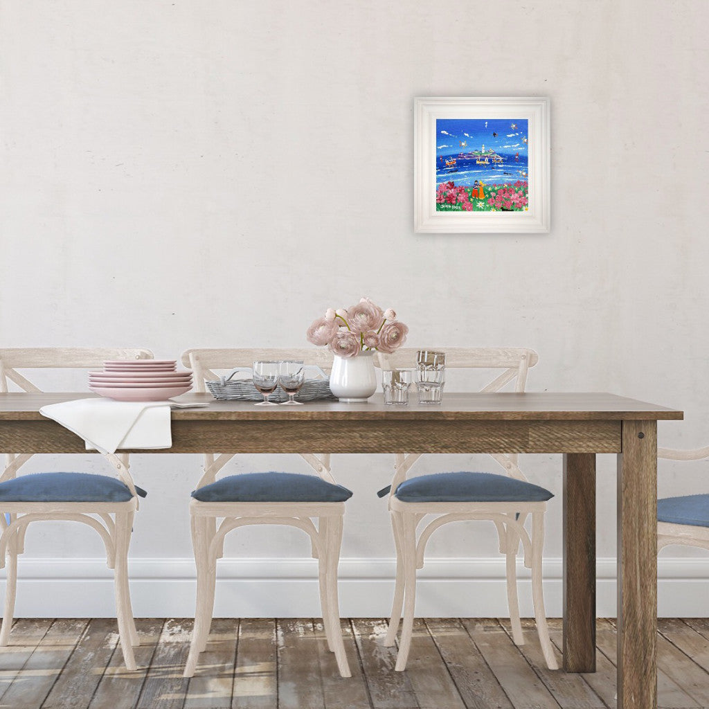 John Dyer Painting. Summer Lovers, Godrevy Lighthouse. 12 x 12 inches acrylic on canvas