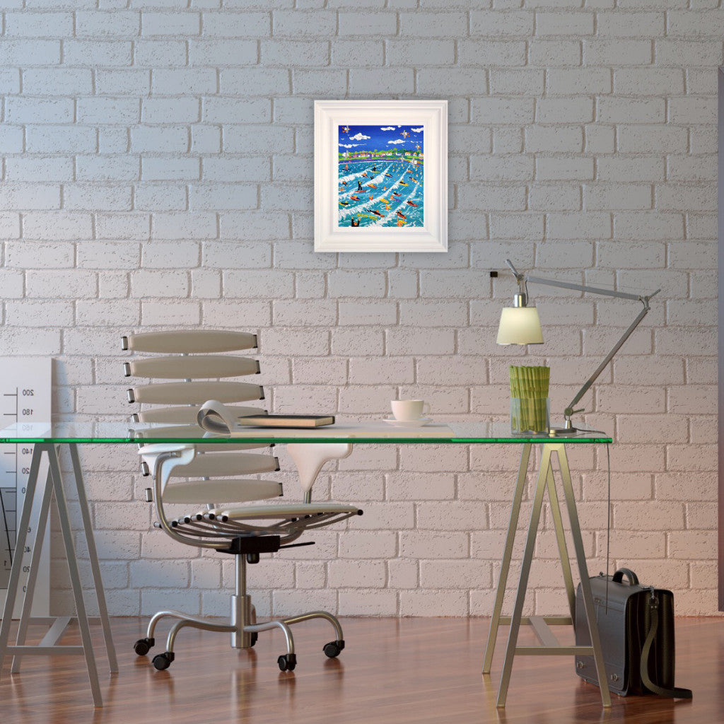 John Dyer Painting. Surfing the Heatwave, Polzeath.
12 x 10 inches, acrylic on canvas