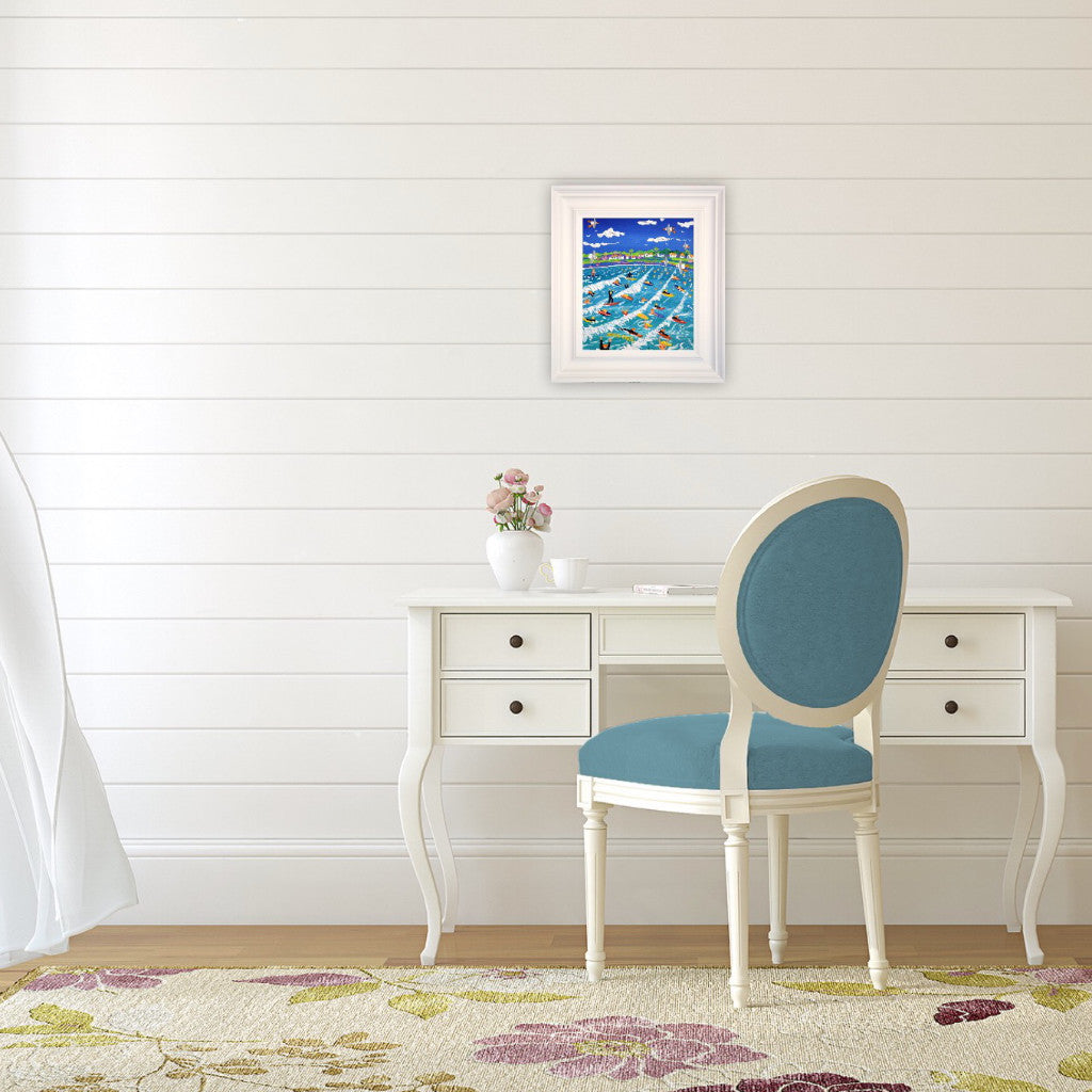 John Dyer Painting. Surfing the Heatwave, Polzeath.
12 x 10 inches, acrylic on canvas