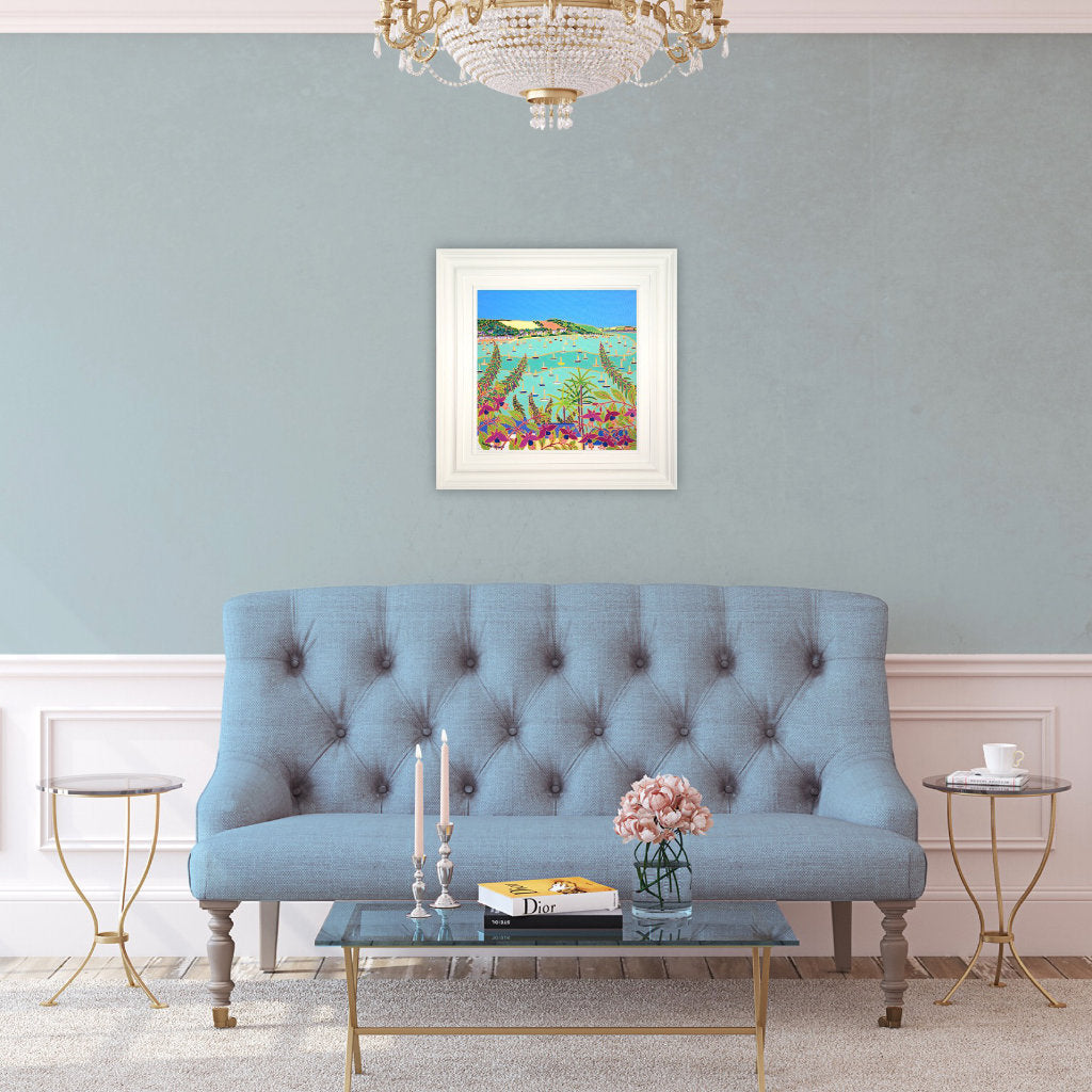 'View through Summer Flowers to Trefusis Point'. 18 x 18 inches oil on canvas. Cornwall Art Gallery Original Art Painting by Cornish Artist Joanne Short