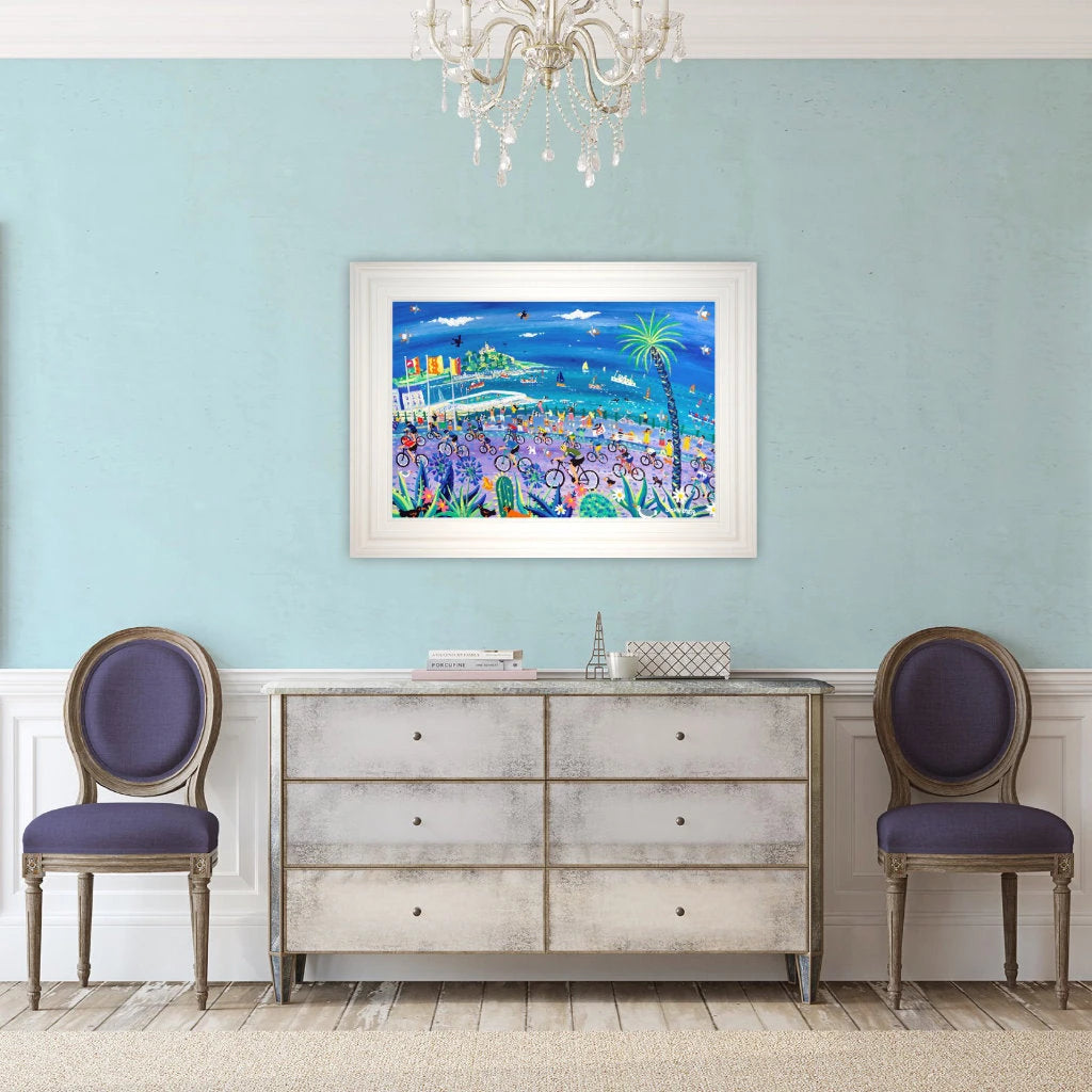 'Peddling Past Penzance, Tour of Britain'.
24 x 36 inches, acrylic on board. Cornwall Art Gallery Painting by John Dyer. John Dyer