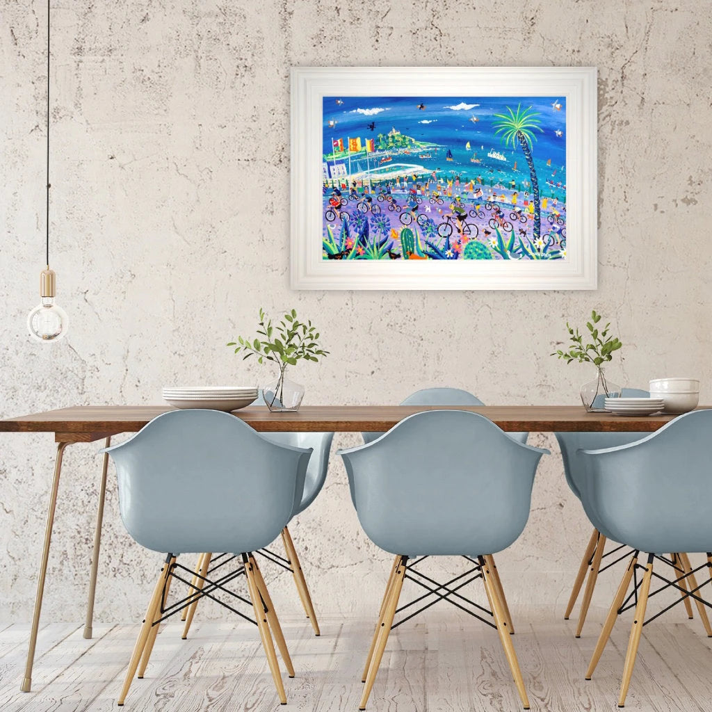 'Peddling Past Penzance, Tour of Britain'.
24 x 36 inches, acrylic on board. Cornwall Art Gallery Painting by John Dyer. John Dyer