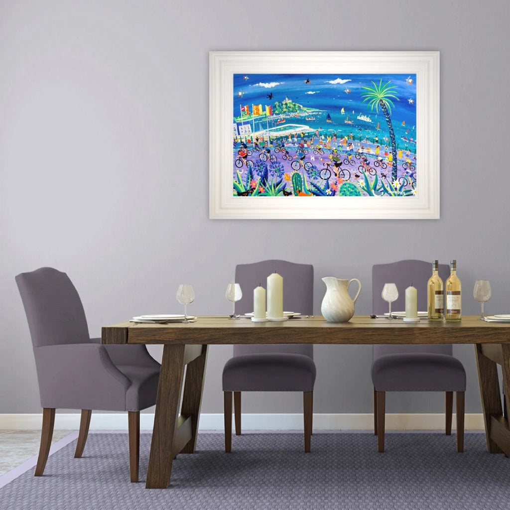 'Peddling Past Penzance, Tour of Britain'.
24 x 36 inches, acrylic on board. Cornwall Art Gallery Painting by John Dyer. John Dyer