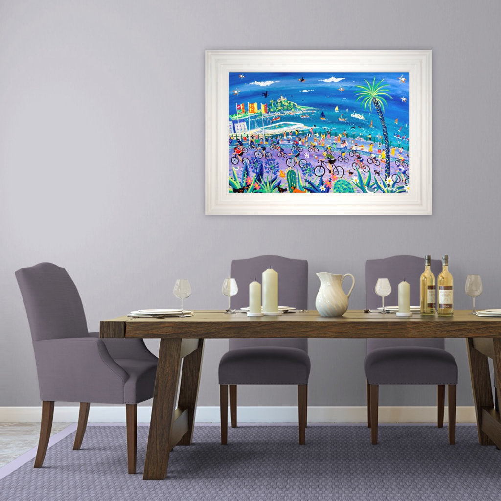 Cornwall Art Gallery Painting by John Dyer. 'Peddling Past Penzance, Tour of Britain'.
24 x 36 inches, acrylic on board
