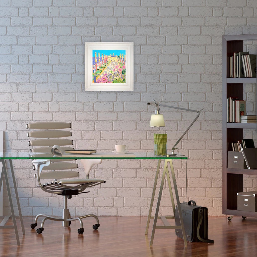 'Summer Flowers, Vicars' Close Garden, Wells'. 12x12 inches original art oil on canvas. Paintings of Somerset by Artist Joanne Short. Somerset Art Gallery Joanne Short