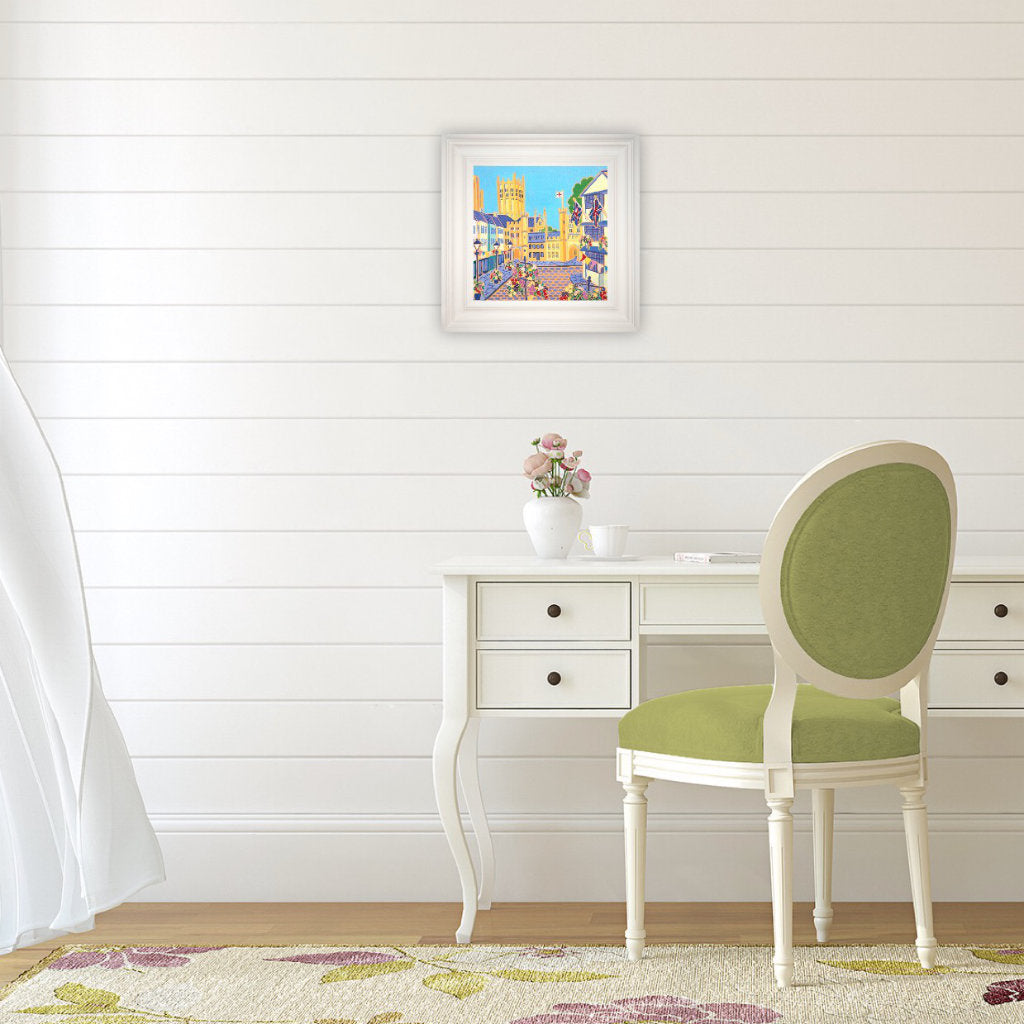 'Hanging Baskets, Bunting and Flags, Market Square, Wells'. 12 x 12 inches oil on canvas. Somerset Art Gallery Original Art Painting by Artist Joanne Short