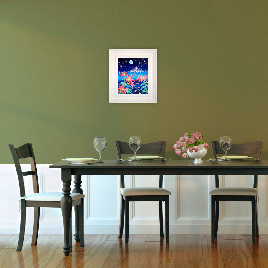 'Full Moon Pink Lilies, St Michael's Mount', 12 x 10 inches acrylic on canvas. Cornwall Art Gallery Painting by John Dyer.