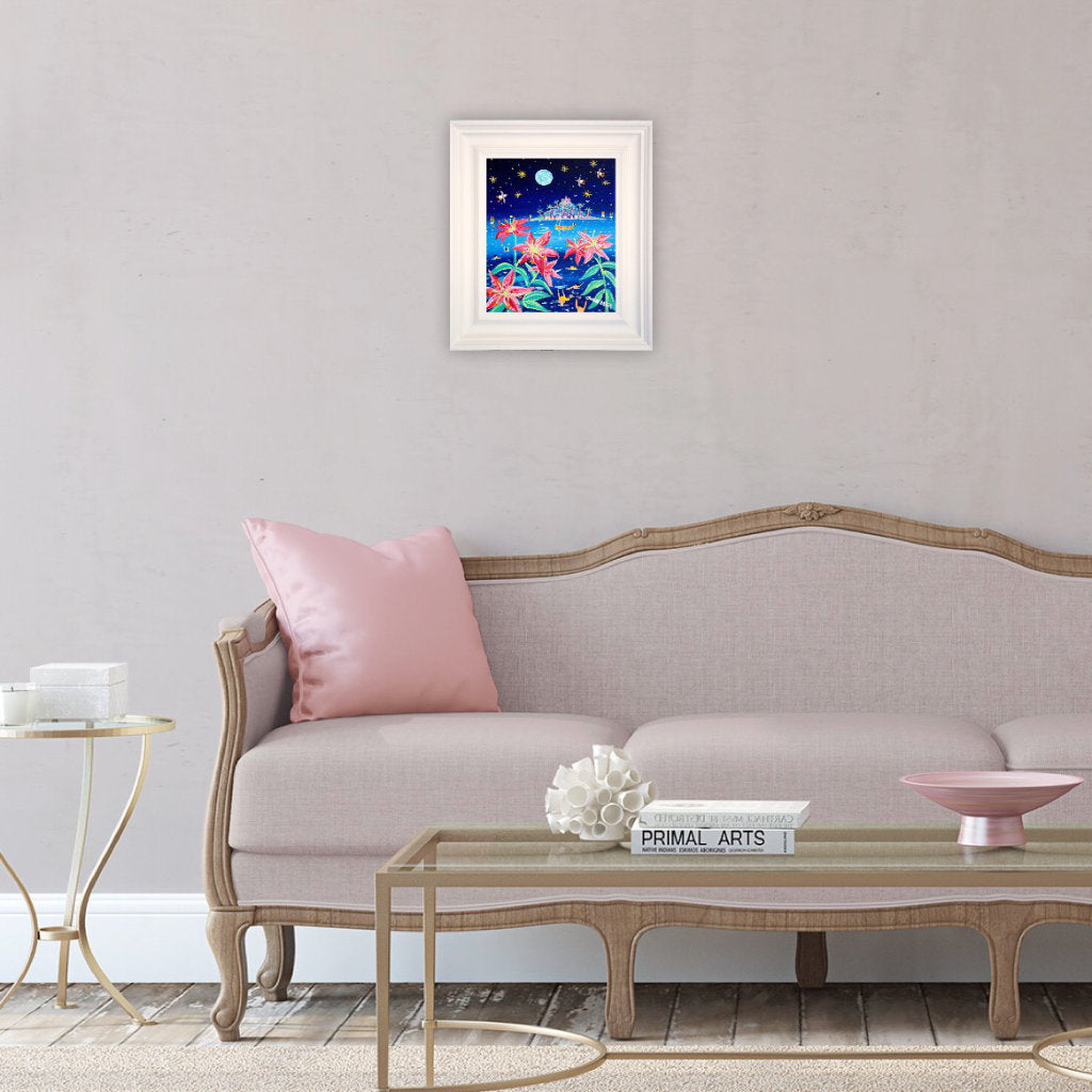 'Full Moon Pink Lilies, St Michael's Mount', 12 x 10 inches acrylic on canvas. Cornwall Art Gallery Painting by John Dyer.