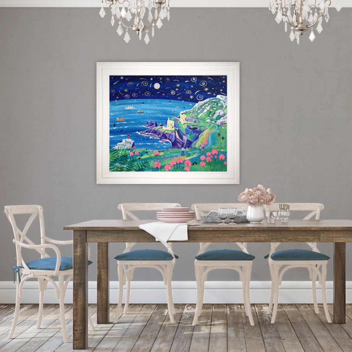 'Shooting Stars over Botallack'. 33x40 inches original art acrylic on board. Paintings of Cornwall by Cornish Artist John Dyer. Cornwall Art Gallery John Dyer