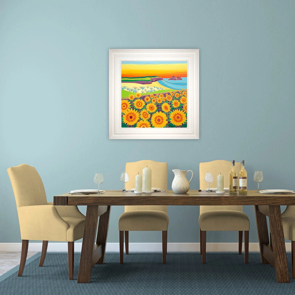 'Sunny Sunflowers, Holywell Bay’. 24x24 inches oil on canvas. Paintings of Cornwall by Cornish Artist Joanne Short from our Cornwall Art Gallery Joanne Short