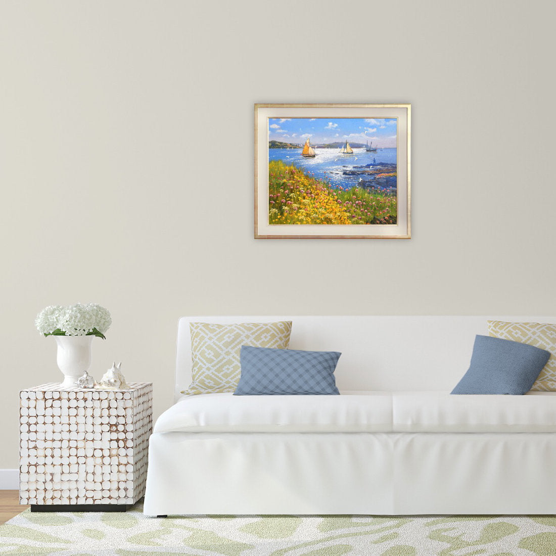 'Sparkling Sea and Wild Flowers. Pendennis Headland. Falmouth', 20 x 24 inches original art oil on canvas. Paintings of Cornwall by Cornish Artist Ted Dyer from our Cornwall Art Gallery