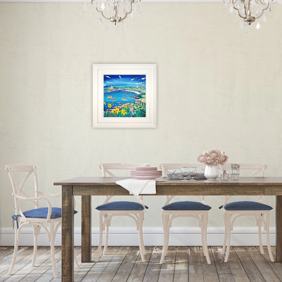 'Springtime Surfing and Sailing, St Michael's Mount', 18x18 inches acrylic on canvas. Cornwall Painting by Cornish Artist John Dyer. Cornish Art from our Cornwall Art Gallery