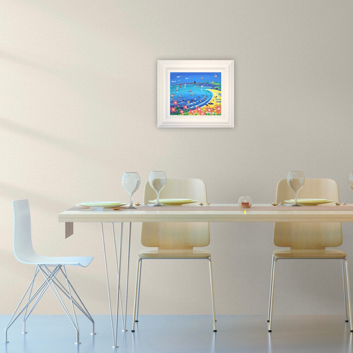 'Paddleboarding and Bathing, Gyllyngvase Beach, Falmouth', 12x10 inches acrylic on canvas. Cornwall Painting by Cornish Artist John Dyer. Cornish Art from our Cornwall Art Gallery