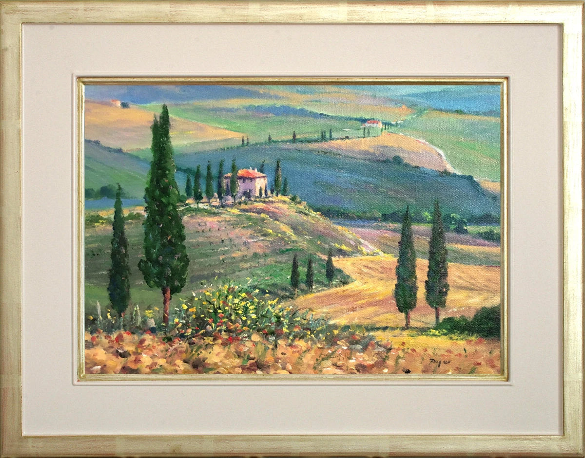 'Il Belvedere Farmhouse, San Quirico. Tuscany. Italy', 10x14 inches oil on canvas. Paintings of Italy by Artist Ted Dyer from our Cornwall Art Gallery Ted Dyer